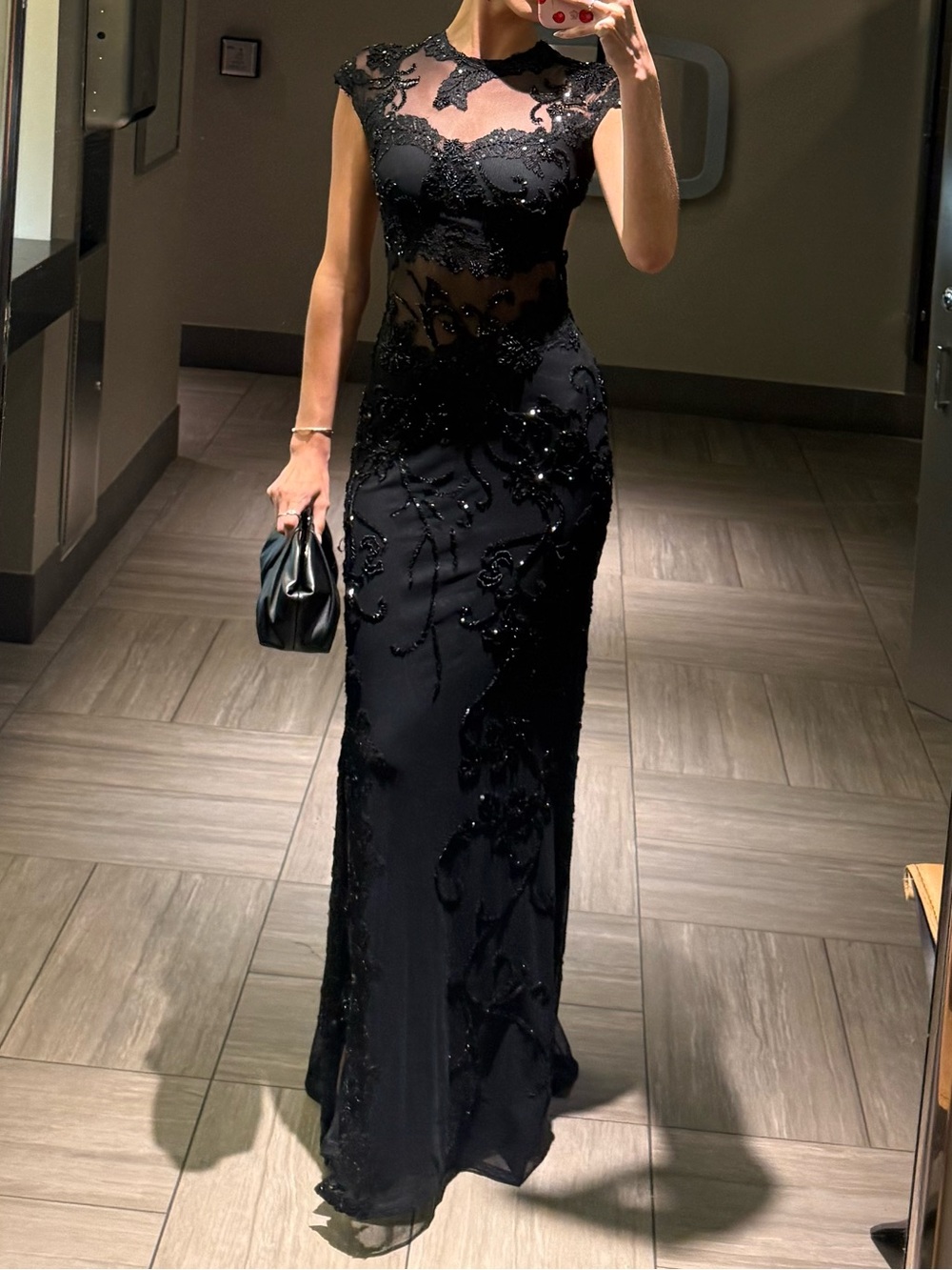 Mac Duggal Black Beaded Sequin Illusion Open Back Gown Size 0-2